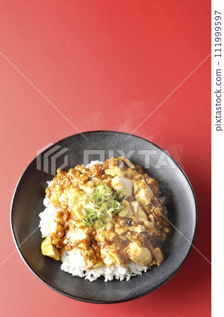 滾燙的麻婆碗,上面鋪滿豆腐和蔥 滾燙的麻婆碗,上面鋪滿豆腐和蔥 111999597