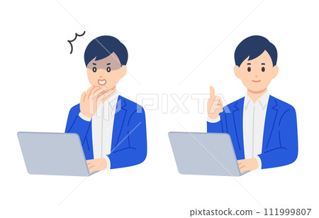 一群商務人士看著電腦，擺出令人震驚的好姿勢【人物矢量圖素材】 111999807