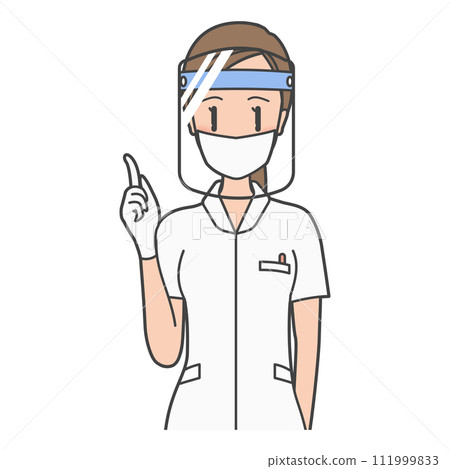 Illustration of a female doctor, dental hygienist, and caregiver wearing face shields and masks and giving explanations. woman. 111999833