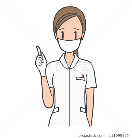 牙科助理/護士戴著口罩並解釋檢查的插圖。女士。 牙科助理/護士戴著口罩並解釋檢查的插圖。女士。 111999835