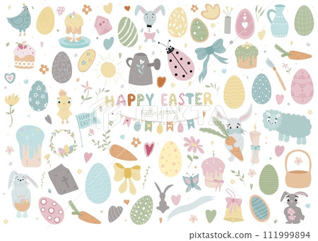 Happy Easter set. Easter bunny, butterflies, chick, eggs, branches and flowers. Vector illustration isolated on white background Happy Easter set. Easter bunny, butterflies, chick, eggs, branches and flowers. Vector illustration isolated on white background 111999894