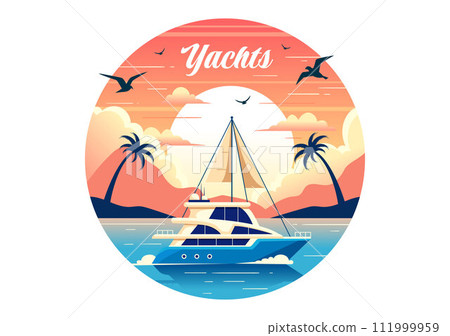 Yachts Vector Illustration with Ferries Cargo Boats and Ship Sailboat of Water Transport at the Beach in Sunset Flat Cartoon Background 111999959