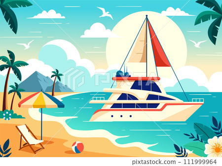Yachts Vector Illustration with Ferries Cargo Boats and Ship Sailboat of Water Transport at the Beach in Sunset Flat Cartoon Background Yachts Vector Illustration with Ferries Cargo Boats and Ship Sailboat of Water Transport at the Beach in Sunset Flat Cartoon Background 111999964