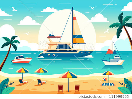 Yachts Vector Illustration with Ferries Cargo Boats and Ship Sailboat of Water Transport at the Beach in Sunset Flat Cartoon Background Yachts Vector Illustration with Ferries Cargo Boats and Ship Sailboat of Water Transport at the Beach in Sunset Flat Cartoon Background 111999965