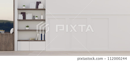 A contemporary home corridor features shelves, a white wall with molding, and parquet flooring. A contemporary home corridor features shelves, a white wall with molding, and parquet flooring. 112000244