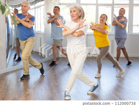 Woman participating in Zumba class for seniors in fitness studio 112000738