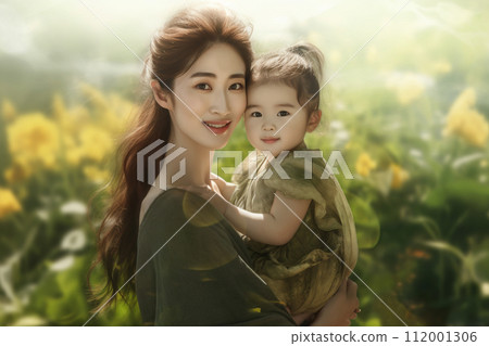 微笑的母親抱著她的孩子在大自然中 112001306