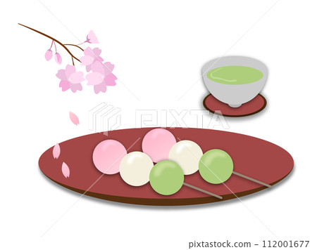 Illustration of three-colored cherry blossom viewing dumplings, tea and cherry blossoms 112001677