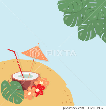 Summer design concept with cocktail in half coconut with straw, parasol and flowers on sandy beach 112001937