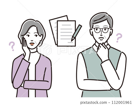 Senior couple thinking about necessary documents for retirement 112001961