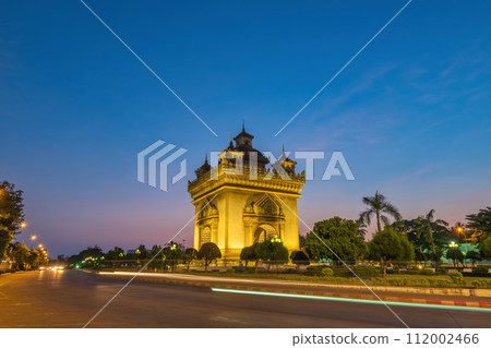 Vientiane Laos, night city skyline at Patuxai (Patuxay) the most famous landmark in Vientiane 112002466