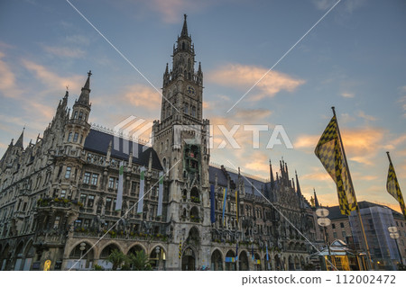 Munich (Munchen) Germany, sunrise city skyline at Marienplatz new Town Hall Square 112002472
