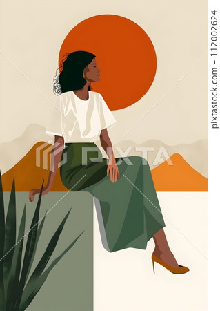 Girl Relaxing on Wall Admiring Sunset in Earthy Illustration 112002624