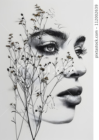 Intricate Black and White Illustration of a Womans Face with Dried Plants 112002639
