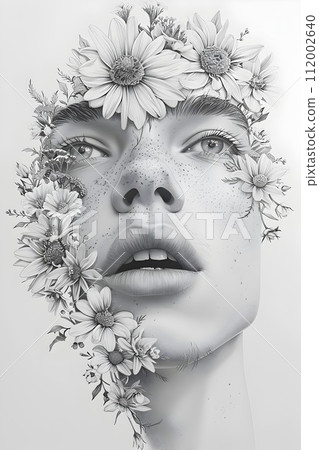 Intricate Monochrome Floral Woman Face Portrait 112002640