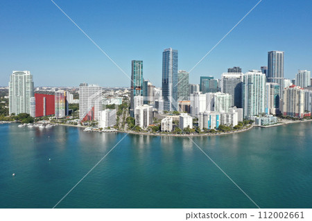 Aerial of waterfront residential buildings in Brickell area of Miami, Florida. 112002661