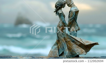 Origami Couple in Front of the Sea A Sculpture of Love in the Style of Paper 112002694