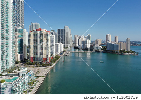 Aerial of waterfront residential buildings in Brickell area of Miami, Florida. Aerial of waterfront residential buildings in Brickell area of Miami, Florida. 112002719