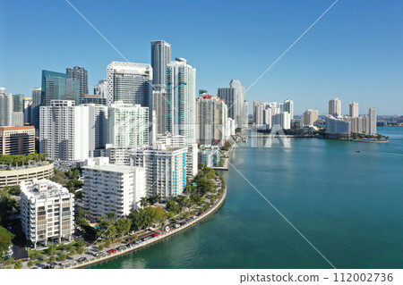 Aerial of waterfront residential buildings in Brickell area of Miami, Florida. Aerial of waterfront residential buildings in Brickell area of Miami, Florida. 112002736