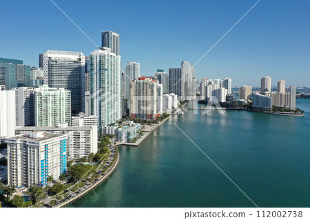 Aerial of waterfront residential buildings in Brickell area of Miami, Florida. 112002738