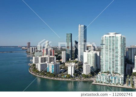 Aerial of waterfront residential buildings in Brickell area of Miami, Florida. 112002741