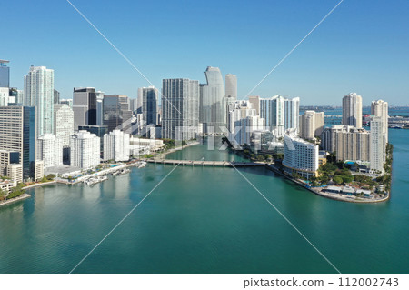 Aerial of waterfront residential buildings in Brickell area of Miami, Florida. Aerial of waterfront residential buildings in Brickell area of Miami, Florida. 112002743