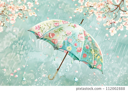 雨滴落在有圖案的雨傘上，色彩柔和，令人著迷的場景 112002888