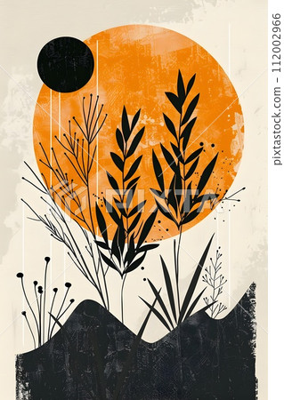 Boho Art Style Line Art with Earthy Tones and Geometric Shapes Botanical Art 112002966