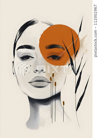 Boho Art Style Simple Line Art with Earthy Tones and Geometric Shapes 112002967