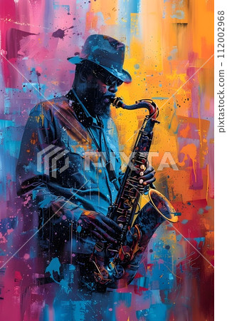 Colorful Abstract Jazz Sax Player Painting 112002968
