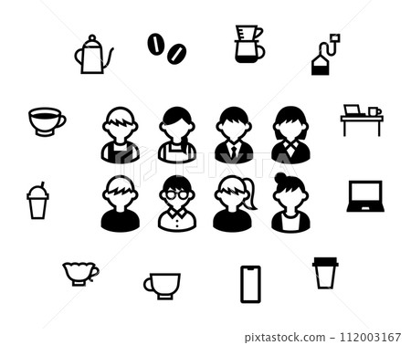 Cafe related items and people icon set 112003167