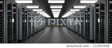 Server room data center. Backup, mining, hosting, mainframe, farm and computer rack with storage information. 3d render Server room data center. Backup, mining, hosting, mainframe, farm and computer rack with storage information. 3d render 112003490