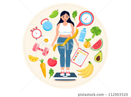 Weight Loss Vector Illustration of Woman Body Transformation Concept with Fitness, Sport, Diet and Healthy Lifestyle in Flat Cartoon Background 112003520