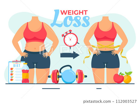 Weight Loss Vector Illustration of Woman Body Transformation Concept with Fitness, Sport, Diet and Healthy Lifestyle in Flat Cartoon Background 112003527