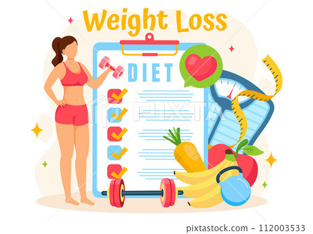 Weight Loss Vector Illustration of Woman Body Transformation Concept with Fitness, Sport, Diet and Healthy Lifestyle in Flat Cartoon Background 112003533