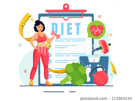 Weight Loss Vector Illustration of Woman Body Transformation Concept with Fitness, Sport, Diet and Healthy Lifestyle in Flat Cartoon Background 112003534