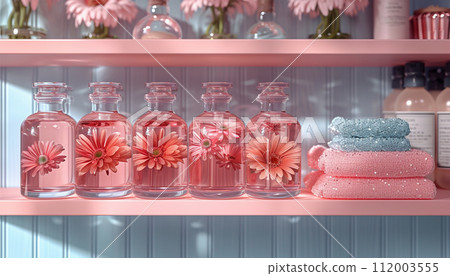 Transparent glass bottles filled with a pink liquid and adorned with gerbera flowers on a shelf next to folded towels, creating a spa-like atmosphere. 112003555