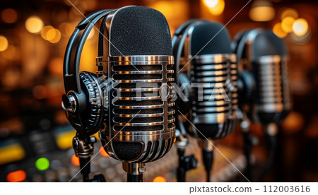 Vintage microphones with headphones on a blurred background in a recording studio. 112003616