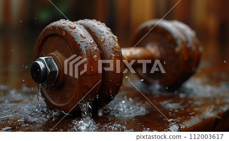 Wet rusty dumbbell on a wooden surface in the rain. Wet rusty dumbbell on a wooden surface in the rain. 112003617