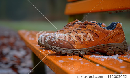 Brown outdoor shoe sprinkled with fresh snowflakes on an orange bench, signifying the onset of winter. 112003652