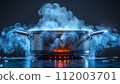 A pot of boiling water emits steam and bubbles, with a dynamic play of light and vapor on a dark background. 112003701