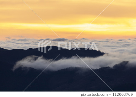 Top view Landscape of Morning Mist with Mountain Layer at north of Thailand. mountain ridge and clouds in rural jungle bush forest 112003769