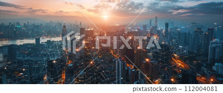 HUrban Sunset: City Skyline with Skyscrapers in Manhattan and Bangkok at Night 112004081