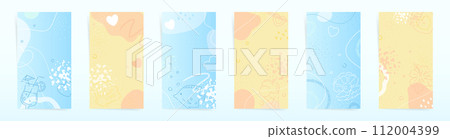 Summer Stories Abstract Backgrounds - Playful Pastel Blue and Yellow Vector Illustrations with Hearts, Bubbles, and Floral Doodles 112004399