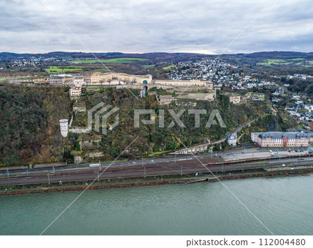 Ehrenbreitstein Fortress aerial panoramic view in Koblenz. Koblenz is city on Rhine, joined by Moselle river 112004480