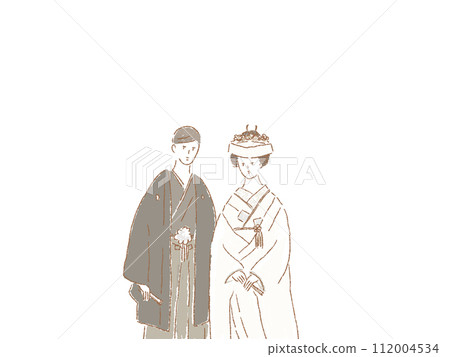 Bride and groom in Shiromuku (corner hidden) and crested hakama, wedding ceremony, Bride and groom in Shiromuku (corner hidden) and crested hakama, wedding ceremony, 112004534