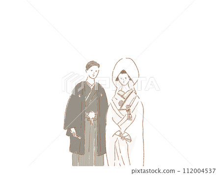 Bride and groom wearing white cotton hats and crested hakama, wedding ceremony Bride and groom wearing white cotton hats and crested hakama, wedding ceremony 112004537