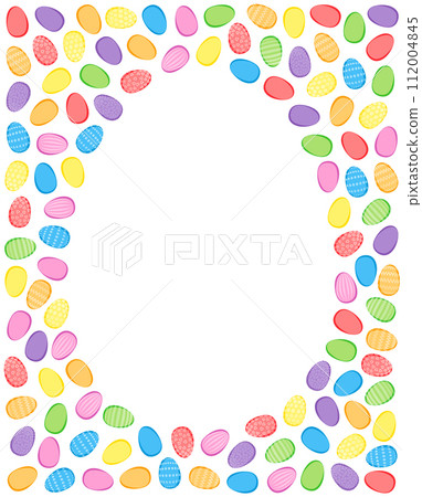 Colorful Easter egg background. Numerous easter eggs, brightly colored and some with decorative patterns, criss-cross and randomly arranged around an empty egg shape. Isolated illustration over white. Colorful Easter egg background. Numerous easter eggs, brightly colored and some with decorative patterns, criss-cross and randomly arranged around an empty egg shape. Isolated illustration over white. 112004845