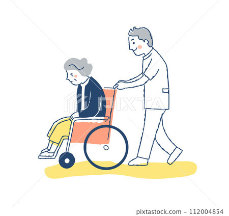 Senior woman and male nurse in a wheelchair 112004854