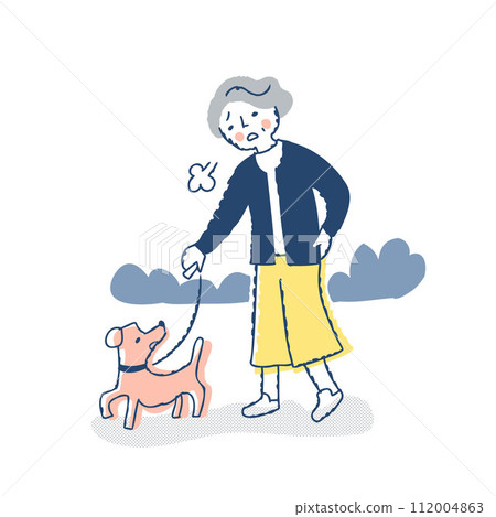 Senior woman sighs tired while walking her dog 112004863